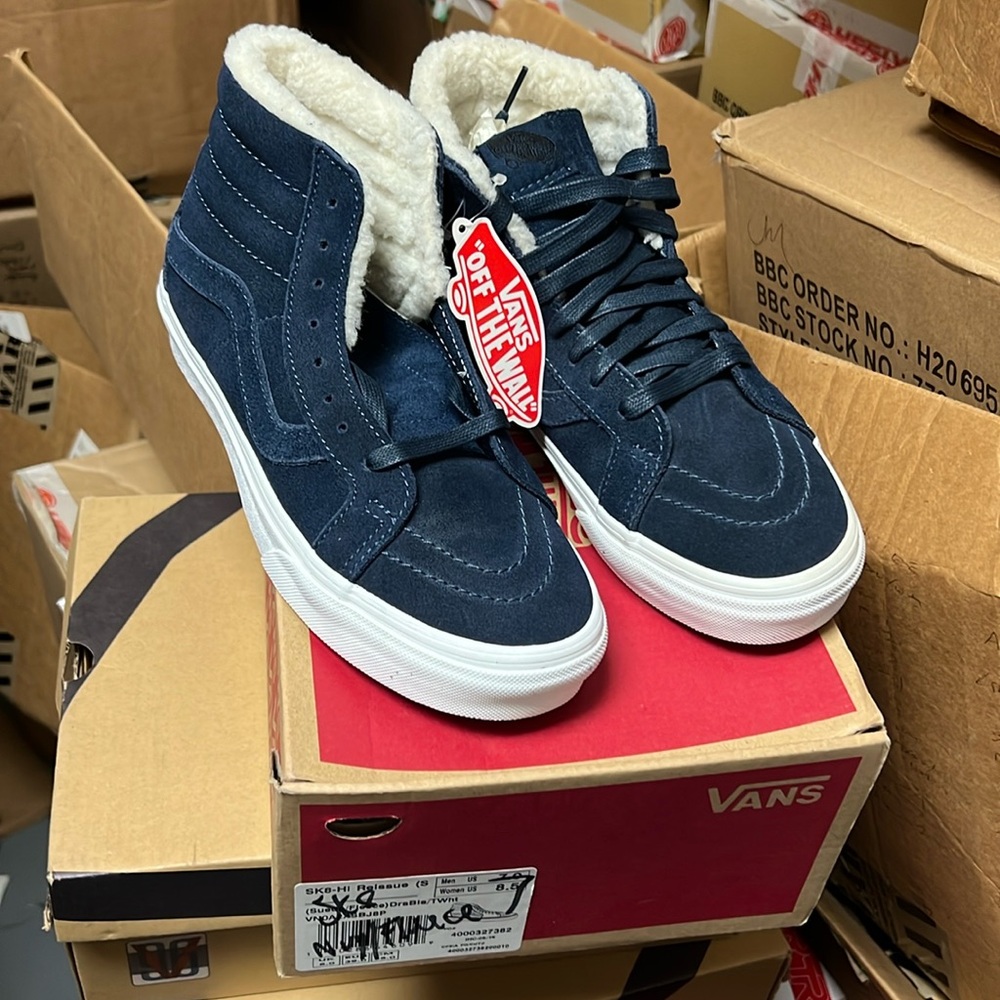 Vans Sk8 Hi Reissue HighTop Suede Fleece Blue White Shoes US Men’s 7 Women’s 8.5
